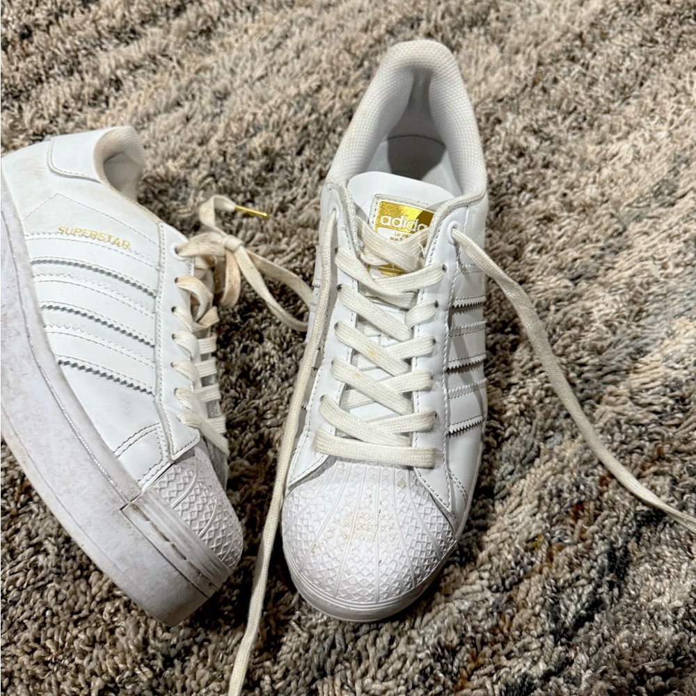 Adidas Women's White and Gold Superstar Sneakers